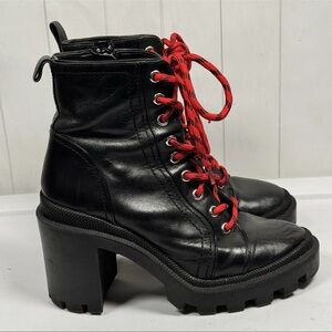 Gianni Bini Black Leather Lug Sole Chunky Lace Up Boots Moto Punk Edgy Goth 6M